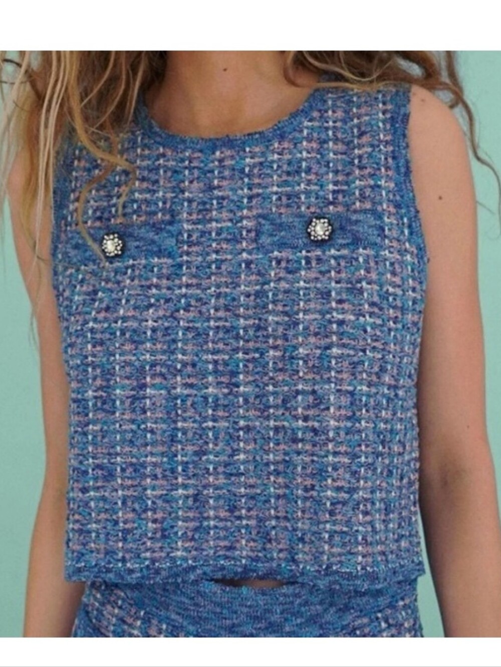 ZARA Tweed Metallic Crop Top Blue Pink Jewel Buttons L